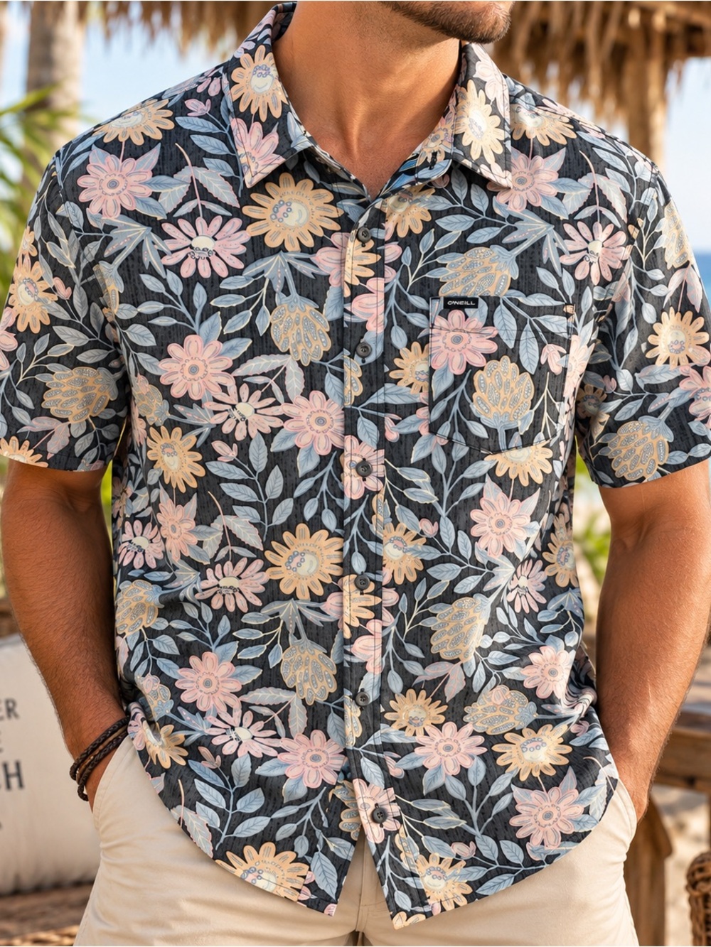 Small | O’Neill | Black Floral Button-Up Shirt | Tropical Hawaiian